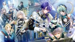  3girls 6+boys :d ^_^ against_railing ahoge alternate_costume alternate_hairstyle anaxa_(honkai:_star_rail) anaxa_(nanus)_(honkai:_star_rail) animal_on_shoulder antenna_hair aqua_bow aqua_bowtie arm_guards ascot asymmetrical_gloves balcony bangle baseball_bat belt belt_buckle beret bird bird_on_shoulder black_bridal_gauntlets black_choker black_coat black_gloves black_hair black_jacket black_necktie black_shirt blonde_hair blue_ascot blue_dress blue_gem blue_halo blue_hat blue_leotard blue_sleeves blue_vest book book_stack bow bowtie bracelet braid bridal_gauntlets brooch buckle caelus_(honkai:_star_rail) cape capelet chimera_(honkai:_star_rail) choker circlet cloak closed_eyes closed_mouth coat collared_shirt contrast_collar cowboy_shot creature_on_head crescent_ornament crystal_earrings curtained_hair dan_heng_(honkai:_star_rail) dan_heng_(imbibitor_lunae)_(honkai:_star_rail) dinosaur_tail dr._ratio_(honkai:_star_rail) dragon_boy dragon_horns dress drill_hair dromas_(honkai:_star_rail) earrings eastern_dragon_horns elbow_rest epiphyllum eye_contact eyepatch fingerless_gloves flower flower_ornament folded_fan folding_fan gem glint gloves gold_horns gold_necklace gold_tail green_cloak green_hair green_hat green_jacket grey_hair hair_between_eyes hair_intakes hair_over_one_eye hair_over_shoulder hair_ribbon halo halo_behind_head hand_chains hand_fan hat head_rest high_ponytail holding holding_baseball_bat holding_book holding_fan holding_quill holding_scroll holding_test_tube honkai:_star_rail honkai_(series) horns hyacine_(honkai:_star_rail) index_finger_raised indoors jacket jewelry jing_yuan jingliu_(honkai:_star_rail) lapel_pin lapels leaf_print leotard long_hair long_sleeves looking_at_another low_ponytail low_side_ponytail matori_(penguin_batake) medium_hair mole mole_under_eye multiple_boys multiple_girls multiple_rings neck_tassel necklace necktie notched_lapels o-ring off_shoulder one_eye_covered open_clothes open_collar open_hand open_jacket ornate_ring pantyhose parted_lips partially_fingerless_gloves phainon_(honkai:_star_rail) pink_eyes pink_hair pink_halo pointing pointy_ears ponytail purple_hair purple_halo quill railing red_eyes red_gem red_ribbon red_skirt ribbon ring school_uniform scroll see-through_clothes see-through_veil shirt short_hair side_cape side_ponytail single_bare_shoulder single_braid single_earring sitting skirt sleeve_cuffs sleeveless sleeveless_dress sleeveless_shirt smile smoke spiked_halo stairs standing star_brooch statuette stelle_(honkai:_star_rail) table tail tassel teacher_and_student teaching test_tube thigh_strap trailblazer_(honkai:_star_rail) turtleneck turtleneck_shirt twin_drills twintails upper_body veil veil_over_eyes vest white_belt white_cape white_capelet white_coat white_flower white_hair white_pantyhose white_veil wide_ponytail window writing yanqing_(honkai:_star_rail) yellow_eyes yellow_halo 