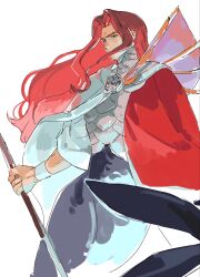  1boy armor breastplate cape closed_mouth commentary curtained_hair highres holding holding_weapon long_hair male_focus merfolk merman monster_boy multicolored_cape red_hair rowan_(sayonara_lara) sayonara_lara scale_armor solo tensoba20230223 weapon white_background white_cape wristband 