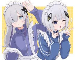  !? 2girls :d ;d absurdres apron arm_up blue_eyes blue_jacket border cevio commentary_request double_v enmaided grid_background hair_ornament hair_over_one_eye hands_up highres jacket jersey_maid kafu_(cevio) kamitsubaki_studio long_hair looking_at_viewer maid maid_headdress multiple_girls notice_lines one_eye_closed outside_border purple_jacket saka_(sa_ka) sekai_(cevio) smile twintails unconventional_maid upper_body v waist_apron white_border yellow_background 