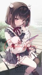  1girl bandaid bandaid_on_leg black_hair bow bowtie cellphone character_request commission copyright_request dress frilled_dress frilled_sleeves frills garter_straps hair_ornament hairclip highres looking_at_viewer momoyama_momo multicolored_hair outdoors phone pink_eyes pink_streaks rabbit_hair_ornament single_garter_strap single_thighhigh sitting skeb_commission smartphone solo streaked_hair stuffed_animal stuffed_toy thigh-highs two_side_up 