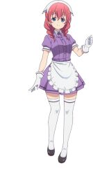  1girl amano_miu apron arm_at_side black_shoes black_trim blend_s blue_eyes braid closed_mouth collared_shirt contrast_collar frilled_apron frills full_body gloves hair_between_eyes hand_up headscarf high_heels invisible_floor looking_at_viewer low_twin_braids medium_hair miniskirt official_art pleated_skirt puffy_short_sleeves puffy_sleeves pumps purple_shirt purple_skirt red_eyes shirt shoes short_sleeves simple_background skirt smile solo split_mouth standing stile_uniform tachi-e thigh-highs transparent_background twin_braids variant_set_available waist_apron white_apron white_gloves white_headscarf white_thighhighs 