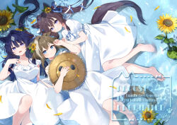  3girls :3 animal_ears bare_shoulders blue_eyes blue_hair blue_ribbon blush breasts brown_hair cheval_grand_(umamusume) closed_mouth collarbone commentary_request dress flower hair_between_eyes hair_flower hair_ornament hat highres holding holding_unworn_clothes holding_unworn_hat horse_ears horse_girl horse_tail long_hair looking_at_viewer lying medium_breasts mole mole_under_eye multicolored_hair multiple_girls nekonomimi on_back on_side open_mouth ribbon short_sleeves siblings sisters smile straw_hat streaked_hair sun_hat sunflower tail twintails umamusume unworn_hat unworn_headwear v_sisters verxina_(umamusume) vivlos_(umamusume) white_dress white_hair 