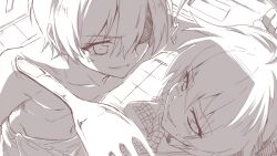  1boy 1girl ahoge anger_vein angry averting_eyes backlighting bathroom blush bow bowtie breasts checkered_bow checkered_bowtie checkered_clothes clenched_hand collarbone commentary_request cowboy_shot dutch_angle face-to-face fork from_above greyscale hair_between_eyes haiyore!_nyaruko-san hetero huge_ahoge indoors kabedon large_breasts long_hair looking_at_another looking_to_the_side monochrome navel nose nyarlathotep_(nyaruko-san) parted_lips partial_commentary short_hair smile sweatdrop tile_floor tiles topless_female v-shaped_eyebrows wavy_mouth wilted_ahoge yasaka_mahiro yuto_(dialique) 