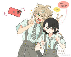  >_o 2girls :d ahoge arched_back arm_up bare_arms black_hair blonde_hair blush braid breast_pocket buttons cellphone chinese_commentary chinese_text collared_shirt colored_speech_bubble commentary_request confused couple curled_fingers dated diagonal-striped_clothes diagonal-striped_necktie dot_nose double-parted_bangs double_v dress_shirt english_text facing_viewer fang finger_frame floating floating_object from_side frown furrowed_brow green_eyes grey_necktie grey_skirt hair_between_eyes hair_hanging_down hair_ornament hairclip half-closed_eye hand_up highres iphone jellyfish_cut leaning_to_the_side light_frown long_hair long_sleeves looking_at_object looking_at_phone loose_hair_strand lower_teeth_only minamip motion_lines multiple_girls multiple_hairclips necktie one_eye_closed open_clothes open_mouth open_shirt original parallel_hairclips parted_lips partially_unbuttoned phone pleated_skirt pocket raised_eyebrow raised_eyebrows red_eyes school_uniform selfie shirt short_hair short_sleeves simple_background skirt sleeve_cuffs smartphone smile sparkle speech_bubble striped_clothes striped_necktie suspender_skirt suspenders suspenders_slip sweatdrop swept_bangs teeth thick_eyebrows tie_clip triangle_mouth unbuttoned unbuttoned_shirt upper_body v v_over_head watermark weibo_watermark white_background white_shirt yuri 