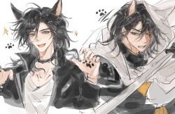 2boys a_song_of_ice_and_fire animal_ears armor beard_stubble black_armor black_hair black_jacket cherishing17 dog_boy dog_ears facial_hair furrowed_brow grey_eyes hair_between_eyes harry_potter_(series) holding holding_sword holding_weapon jacket kemonomimi_mode male_focus medium_hair multiple_boys open_mouth paw_print sandor_clegane scar scar_across_eye scar_on_face shirt sirius_black smile sparkle stubble sword trait_connection upper_body weapon white_shirt wizarding_world 