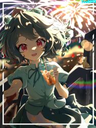  1girl absurdres aerial_fireworks artist_name black_hair black_skirt border cat chinese_commentary collared_shirt commentary_request cup drink drinking_glass drinking_straw fireworks hat highres holding holding_cup inset_border lens_flare looking_at_viewer neck_ribbon night open_mouth outside_border pom_pom_(clothes) puffy_short_sleeves puffy_sleeves red_eyes red_hat ribbon shameimaru_aya shirt short_hair short_sleeves skirt smile solo tokin_hat touhou white_border white_shirt yanb.cy_0kb 