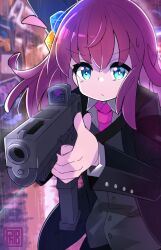  1girl ahoge aiming black_jacket blue_eyes bocchi_the_rock! collared_shirt commentary cube_hair_ornament detached_ahoge english_commentary gotoh_hitori guitar_case gun hair_ornament holding holding_gun holding_weapon instrument_case jacket john_wick laser_sight long_hair necktie open_clothes open_jacket outdoors phibonnachee pink_hair pink_necktie rain shirt solo upper_body weapon 