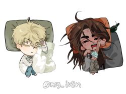 1boy 1girl alien_stage aqua_tank_top bandaid bandaid_on_face blonde_hair brown_hair brown_pants colored_eyelashes commentary dark-skinned_female dark_skin drooling grey_pants highres hyuna_(alien_stage) jeinb174 long_hair luka_(alien_stage) mouth_drool pants prosthesis shirt short_hair signature sleeping tank_top thick_eyebrows twitter_username untranslatable_commentary very_short_hair white_shirt 