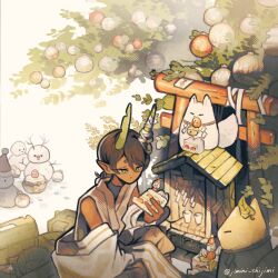  1boy artist_name bandaged_horn bell black_shirt braid braided_ponytail cake cake_slice christmas_ornaments clothing_request commentary_request creature dark-skinned_male dark_skin detached_sleeves eating fantasy food green_eyes highres hokora_(shrine) holding holding_cake holding_food horns ice_god_(jimini_shijimi) instagram_username jimini_shijimi long_hair long_sleeves mini_torii neck_bell original pointy_ears shirt sitting skeb_username sleeveless snowman solo strawberry_cake twitter_username 