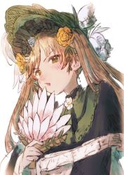  1girl black_bow black_bowtie black_capelet black_flower black_rose blonde_hair bonnet bow bow_flower bowtie capelet dress feather_fan flower frilled_capelet frilled_dress frilled_sleeves frills green_bonnet green_eyes hair_flower hair_ornament hand_fan highres holding holding_fan lolita_fashion long_hair long_sleeves looking_at_viewer ma_m_01234 mahou_shoujo_no_majo_saiban rose simple_background solo tono_hanna twintails white_background white_flower white_rose wide_sleeves winged_hat yellow_flower yellow_rose 