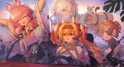  4girls :d absurdres ahoge angelina_(arknights) angelina_the_mellow_wish_(arknights) animal animal_ear_fluff animal_ears arknights arms_up black_gloves black_hairband black_skirt brown_hair bug car chinese_commentary closed_eyes commentary_request dragonfly driving evening fox_ears fox_girl gloves hair_between_eyes hairband highres hiking_backpack infection_monitor_(arknights) jacinta_(arknights) long_hair looking_at_viewer motor_vehicle multiple_girls open_mouth outdoors outstretched_arms oxygen6111 palm_leaf pink_hair rabbit_ears rabbit_girl raccoon_ears raccoon_girl skirt sky smile steering_wheel thumpy_(arknights) timeslot_(arknights) twintails 