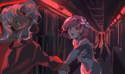  2girls android black_jacket black_shirt blue_flower clenched_teeth cytus cytus_ii dark-skinned_female dark_skin fleeing flower hair_flower hair_ornament hallway highres holding_hands hood hood_up hooded_jacket horned_hood horns industrial ivy_(cytus) jacket medium_hair metal_skin multiple_girls pink_hair red_eyes red_horns red_light red_trim scared serious shirt short_hair skin_seams teeth uyrdc_so vanessa_(cytus_ii) white_hair 