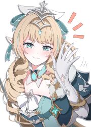  1girl absurdres anemo_symbol_(genshin_impact) aqua_dress aqua_eyes blonde_hair blush breasts chest_bow commentary_request dot_nose dress drill_hair drill_ponytail drill_sidelocks eyelashes fur_trim genshin_impact gloves hair_intakes highres long_hair long_sleeves motion_lines multicolored_dress notice_lines pale_skin pointy_ears ribbon sa8yo_o sidelocks simple_background small_breasts smile solo stellar_linchpin tiara upper_body vesna_(genshin_impact) waving wavy_hair white_background white_gloves 