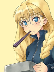  1girl bento blonde_hair blue_eyes braid chopsticks chopsticks_in_mouth commentary_request dai_(series) daiteikoku glasses irie jacket long_hair looking_at_viewer retia_adolf solo sweatdrop track_jacket twin_braids upper_body 