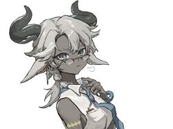  1girl arm_tattoo armlet black_horns blue_necktie breasts closed_mouth collared_shirt commentary curled_horns dark_skin eyewear_strap from_side glasses grey_eyes grey_hair hair_flaps highres horns jewelry looking_at_viewer medium_hair necktie original over-rim_eyewear ponytail pout puff_of_air semi-rimless_eyewear shirt side_part sleeveless sleeveless_shirt small_breasts solo tattoo upper_body white_background white_shirt zendea 
