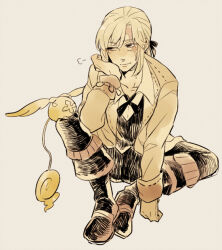  1boy allen_walker boots coat collarbone collared_shirt creature creature_on_leg cross d.gray-man elbow_on_knee facial_mark feathered_wings forehead_mark gloves golem_(d.gray-man) grey_background hair_between_eyes hair_ribbon half-closed_eyes hand_on_own_chin horns indian_style iyo_(kurumiwarin) long_sleeves looking_at_creature male_focus medium_hair monochrome on_floor open_clothes open_coat pants parted_bangs ribbon scar scar_across_eye scar_on_face shirt sidelocks simple_background sitting smile solo tail timcanpy trench_coat vest wings yellow_theme 