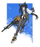  1girl belt black_hair black_shorts blue_eyes closed_mouth covered_navel eyelashes grey_pantyhose gun highres holding holding_gun holding_weapon huge_weapon long_hair mechanical_arms original pantyhose pouch short_shorts shorts single_mechanical_arm sketch sleeves_rolled_up solo twintails weapon white_footwear zero_q_0q 