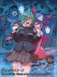  2026 2girls bandaged_arm bandages black_jacket bloody_handprints blue_hair chouchin-obake commentary_request copyright_notice dragon_girl dragon_musume_ni_naritakunai! duel_masters gakuran ghost_costume green_eyes green_hair grey_skirt hair_between_eyes hair_over_one_eye hand_on_another's_cheek hand_on_another's_face hand_on_another's_shoulder handprint haunted_house_(attraction) head_wings headband hitodama i-la jacket japanese_clothes kimono long_hair mikado_tetsuhito multicolored_hair multiple_girls official_art open_mouth orange_eyes orange_headband pleated_skirt red_hair rudo_thana sanpaku scared school_uniform shiroshouzoku shirt short_hair skirt smile surprised tears teeth triangular_headpiece turn_pale upper_teeth_only well white_kimono white_shirt wings 
