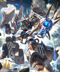  1boy blue_eyes blue_sky clenched_hand clouds commentary_request flying full_body glowing glowing_eyes highres holding holding_weapon joints looking_at_viewer magna_giant male_focus mecha mecha_focus no_humans robot robot_joints science_fiction shadowverse sky solo thrusters weapon xui_ton 