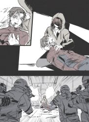  1girl 5boys animal_print blood blood_on_face bodysuit chim_bab highres holding hood hoodie jacket jean_grey marvel military_uniform multicolored_bodysuit multiple_boys peter_parker red_hair short_hair spider-man spider-man:_brand_new_day spider-man_(series) spider_print spider_web_print superhero_costume two-tone_bodysuit weapon 