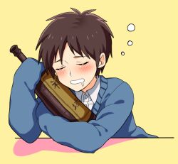  1boy blue_sweater blush bottle brown_hair closed_eyes collared_shirt commentary_request drunk fukumoto_mahjong holding holding_bottle igawa_hiroyuki level_6chan long_sleeves male_focus open_mouth sake_bottle shirt short_hair simple_background solo squeans sweater ten_(manga) upper_body white_shirt yellow_background 
