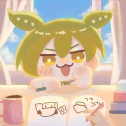  1girl 1other :3 blue_sky blush clouds commentary_request cup curtains day green_hair highres holding holding_pencil indoors looking_at_viewer mug open_mouth pea_pod pencil pov pov_hands short_hair sketchbook sky smile solo_focus taguchi_maru touhoku_kiritan upper_body voiceroid voicevox window yellow_eyes zundamon 