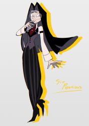 1boy absurdres arm_at_side ascot black_hair black_pants black_shoes character_name closed_mouth collared_shirt curtained_hair full_body glasses grey_background grey_eyes hand_on_own_chin hazbin_hotel hellaverse highres long_hair male_focus nervous pants parted_bangs pointy_shoes purple_vest raised_inner_eyebrows red_ascot round_eyewear shimachau_hito shirt shoes sideways_glance simple_background sir_pentious_(human) sleeve_garter solo standing striped_clothes striped_pants sweatdrop vest water_drop wavy_mouth white_shirt 