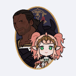  1boy 1girl beard_stubble black_hair border braid closed_mouth commentary dark-skinned_male dark_skin dreadwyrmtrance english_commentary facial_hair final_fantasy final_fantasy_xiv green_eyes hand_on_own_chest height_difference hyur lalafell nanamo_ul_namo pink_hair pointy_ears portrait raubahn_aldynn scar scar_on_face scar_on_forehead side_braids smile stubble tiara twintails upper_body white_border 