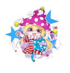 1girl :d american_flag american_flag_dress american_flag_print blonde_hair chibi chibi_only clownpiece colored_inner_hair commentary_request dress fairy fairy_wings flag_print full_body hat jester_cap long_hair looking_at_viewer multicolored_hair neck_ruff open_mouth pantyhose polka_dot_headwear purple_hair purple_hat short_sleeves sia_6767 smile solo star_(symbol) star_print striped_clothes striped_dress striped_pantyhose touhou very_long_hair violet_eyes wings 