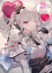  1girl asumi_sena balloon black_gloves blue_bow bow collared_shirt commentary crown ear_chain earclip finger_to_cheek gloves grey_hair grin heart_balloon highres linked_piercing long_hair long_sleeves looking_at_viewer mini_crown multicolored_hair navel official_artist_extra one_eye_closed piercing pink_hair pink_streaks shirt signature smile star_balloon streaked_hair stuffed_toy twintails underbust virtual_youtuber vspo! white_bow white_shirt yukisame 