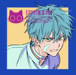  1boy alien_stage aqua_eyes aqua_hair artist_logo barcode blue_border border choker clenched_teeth highres logo male_focus nnf404 outside_border shirt short_hair solo teeth till_(alien_stage) very_short_hair white_choker white_shirt yellow_background 