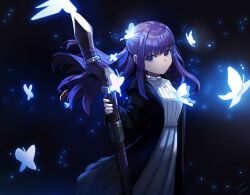  1girl absurdres black_background black_coat blunt_bangs bug butterfly buttons coat commentary dress fern_(sousou_no_frieren) glowing_butterfly highres holding holding_staff light_particles long_hair long_sleeves mage_staff purple_hair sidelocks signature solo sousou_no_frieren staff straight_hair too_many too_many_butterflies two_shot_coffee violet_eyes white_butterfly white_dress 