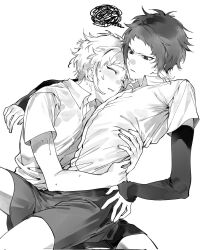  2boys akutagawa_ryuunosuke_(bungou_stray_dogs) bungou_stray_dogs closed_eyes closed_mouth commentary_request corrupted_twitter_file dress_shirt highres hug hug_from_side looking_at_another male_focus mitabxd_7 multiple_boys nakajima_atsushi_(bungou_stray_dogs) shirt short_hair simple_background sitting sitting_on_lap sitting_on_person sitting_sideways squiggle white_background 