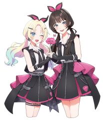  2girls 6th_live_dream_~bloom_garden_party~ :d ;d animification black_jacket black_necktie black_skirt blue_eyes brown_hair collarbone collared_shirt commentary_request cropped_legs fingerless_gloves flower flower_stand_art gloves grey_eyes hair_ornament highres holding holding_flower holding_together i_do_me!_(love_live!) jacket kan_kanna kyaku_tasu looking_at_viewer love_live! love_live!_hasu_no_sora_jogakuin_school_idol_club low_twintails miniskirt multiple_girls necktie one_eye_closed open_clothes open_jacket open_mouth osawa_rurino pink_flower pleated_skirt real_life shirt skirt sleeveless sleeveless_jacket smile teeth twintails under-elbow_gloves upper_teeth_only virtual_youtuber voice_actor voice_actor_connection white_shirt x_hair_ornament 