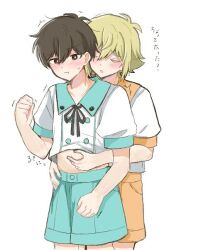  2boys :t alternate_costume antenna_hair basil_(faraway)_(omori) basil_(omori) black_eyes black_hair blonde_hair blush bright_pupils closed_eyes closed_mouth commentary_request double-parted_bangs hair_between_eyes male_focus multiple_boys omori parted_lips pinching_another's_belly short_sleeves shorts sidelocks simple_background sunny_(omori) sweatdrop translation_request white_background white_pupils yuuabara 