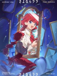  1girl anhypnosis artist_name blue_eyes chinese_commentary commentary_request copyright_name dated different_reflection fish highres lara_(sayonara_lara) long_hair merfolk mermaid mirror monster_girl open_mouth partial_commentary red_hair reflection sayonara_lara smile stitched_tongue underwater very_long_hair 