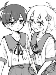  2boys alternate_costume antenna_hair basil_(faraway)_(omori) basil_(omori) blush bright_pupils closed_mouth collarbone commentary_request double-parted_bangs flower greyscale hair_between_eyes hair_flower hair_ornament highres looking_at_another male_focus monochrome multiple_boys omori open_mouth rami_1300 sidelocks smile sunny_(omori) 