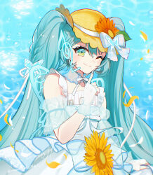  1girl aqua_eyes aqua_hair blush bow brown_hat closed_mouth commentary_request double-parted_bangs dress fingerless_gloves fingernails flower gloves hair_between_eyes hat hat_bow hat_flower hat_ornament hatsune_miku highres index_finger_raised leaf_hat_ornament long_hair looking_at_viewer magical_mirai_(vocaloid) magical_mirai_miku magical_mirai_miku_(2026) mamo_(fortune-mm) one_eye_closed shirt sleeveless sleeveless_dress solo sunflower twintails upper_body vocaloid white_bow white_dress white_gloves white_shirt yellow_eyes yellow_flower 