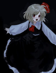  1girl absurdres ame_iru ascot black_background black_dress blending blonde_hair bow commentary_request dress hair_bow highres open_mouth outstretched_arms red_ascot red_bow red_eyes rumia short_hair solo spread_arms touhou 