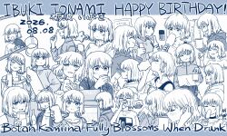  1girl absurdres beer_bottle beer_can blush bottle can champagne_flute chinese_clothes choker choko_(cup) closed_eyes closed_mouth cocktail_glass commentary_request cup dress drink_can drinking drinking_glass greyscale hair_behind_ear happy_birthday highres holding holding_bottle holding_can holding_cup jacket kamiina_botan_yoeru_sugata_wa_yuri_no_hana monochrome multiple_views open_mouth qipao shirt short_hair smile taki_ritzk0u tonami_ibuki unworn_earring wine_glass 