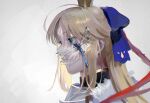  1girl abstract ahoge artoria_caster_(fate) artoria_caster_(third_ascension)_(fate) artoria_pendragon_(fate) bangs blonde_hair blue_ribbon bug crown dragonfly facial_mark fate/grand_order fate_(series) forehead_mark from_side green_eyes highres insect_wings long_hair parted_bangs profile ribbon ubwmitekure white_background wings 