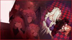  6+girls absurdres back_bow bat_(animal) bat_wings black_bow black_ribbon blonde_hair blue_dress bow braid checkered_floor closed_mouth collared_shirt commentary crescent crescent_hat_ornament demon_wings dress english_commentary flandre_scarlet glasses green_eyes green_skirt green_vest grey_hair hair_bow hat hat_ornament hat_ribbon head_wings highres hong_meiling izayoi_sakuya koakuma long_hair maid maid_headdress mob_cap moon multiple_girls neck_ribbon on_floor one_eye_closed patchouli_knowledge pointy_ears red_eyes red_hair red_moon remilia_scarlet ribbon rumindo shadow shirt skirt smile touhou twin_braids vest white_bow white_hat white_shirt wings 