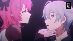  1boy 1girl absurdres blunt_bangs bright_pupils close-up copyright_logo copyright_name eye_contact face-to-face grabbing_another's_chin hand_on_another's_chin hetero highres logo looking_at_another medium_hair multicolored_eyes official_alternate_costume official_art official_wallpaper open_mouth pink_eyes pink_hair pointy_ears remielle_dan remielle_dan_(moonlight_whispers) sweatdrop two-tone_eyes violet_eyes wise_(zenless_zone_zero) zenless_zone_zero 