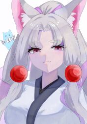  1girl animal_ear_fluff animal_ears closed_mouth commentary_request curtained_hair fang fox_ears ghost grey_hair hair_bobbles hair_ornament highres japanese_clothes kimono long_hair looking_at_viewer nhk_(voiceroid) simple_background skin_fang smile solo togeguri touhoku_itako translation_request upper_body utau violet_eyes voiceroid white_background white_kimono 
