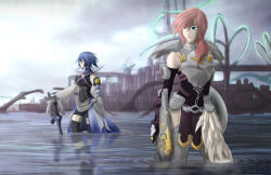  2girls aqua_(kingdom_hearts) armor blue_hair breastplate final_fantasy final_fantasy_xiii highres keyblade kingdom_hearts lightning_farron long_sleeves mell0w-m1nded multiple_girls pink_hair shield standing wading water 