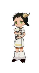  1boy :3 animal animal_ears bertolt_hoover black_hair capricorn_(zodiac) chibi dress full_body goat goat_ears goat_horns gold_necklace green_eyes highres holding holding_animal hooves horns jewelry light_blush light_smile looking_at_viewer male_focus necklace shingeki_no_kyojin short_hair simple_background sleeveless sleeveless_dress u7016903054990u white_dress zodiac 