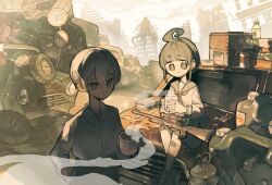  1boy 1girl ahoge ahoge_girl_(jimini_shijimi) bandaid bandaid_on_leg blunt_bangs car collared_shirt commentary_request converse crossed_bangs cup dark-skinned_male dark_skin fantasy gun hair_between_eyes highres hot_drink jimini_shijimi junkyard long_sleeves looking_ahead looking_at_viewer monster motor_vehicle mug neckerchief no_pupils on_car original outdoors pleated_skirt post-apocalypse red_neckerchief rifle sailor_collar school_uniform serafuku shirt short_eyebrows short_hair sidelocks sitting skirt sleeve_cuffs solo standing steam weapon weapon_on_lap white-haired_man_(jimini_shijimi) white_hair 