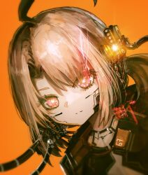  1girl absurdres advarcher ahoge blonde_hair brown_hair closed_mouth eye_trail gigi_murin glowing glowing_eye highres hololive hololive_english light_trail looking_at_viewer multicolored_hair orange_background pink_eyes robot_girl simple_background solo streaked_hair twintails two-tone_hair upper_body virtual_youtuber 