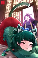  1boy 1girl :3 =_= ^^^ animal_ears aoqun beads blue_bow blue_hanfu blue_robe blunt_bangs blush bow bun_cover cat_ears cat_girl cat_stretch cat_tail chinese_clothes closed_eyes commentary downward_dog english_commentary green_hair green_hanfu green_robe hair_beads hair_bow hair_bun hair_ornament half_updo hanfu indoors jinshi_(kusuriya_no_hitorigoto) kusuriya_no_hitorigoto long_hair long_sleeves looking_at_another maomao_(kusuriya_no_hitorigoto) open_mouth parted_bangs phibonnachee purple_hair robe smile stretching surprised tail top-down_bottom-up violet_eyes wide_sleeves zhijupao 