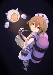 1girl armored_boots black_background boots bottle braid clipboard closed_mouth dress expressionless flat_chest full_body gloves hat highres holding holding_clipboard holding_pen looking_at_viewer looking_to_the_side nurse nurse_cap nurse_robot_type_t orange_eyes orange_hair oxygen_tank pen robot short_hair side_braids sleeveless sleeveless_dress solo togeguri twin_braids utau white_dress white_gloves 